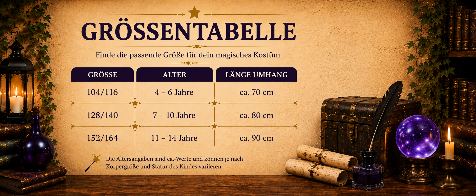 Gr&ouml;&szlig;enhinweise f&uuml;r das Kinder-Zauberer-Kost&uuml;m