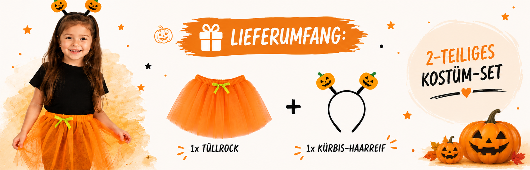 Lieferumfang des K&uuml;rbis-Kost&uuml;m-Sets mit T&uuml;llrock und K&uuml;rbis-Haarreif
