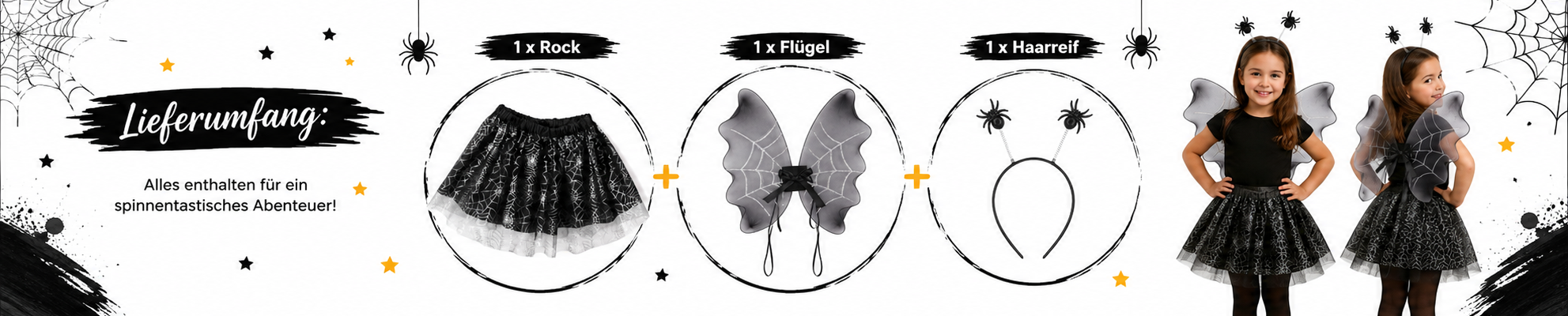 Lieferumfang mit T&uuml;llrock, Spinnenfl&uuml;geln und Spinnen-Haarreif