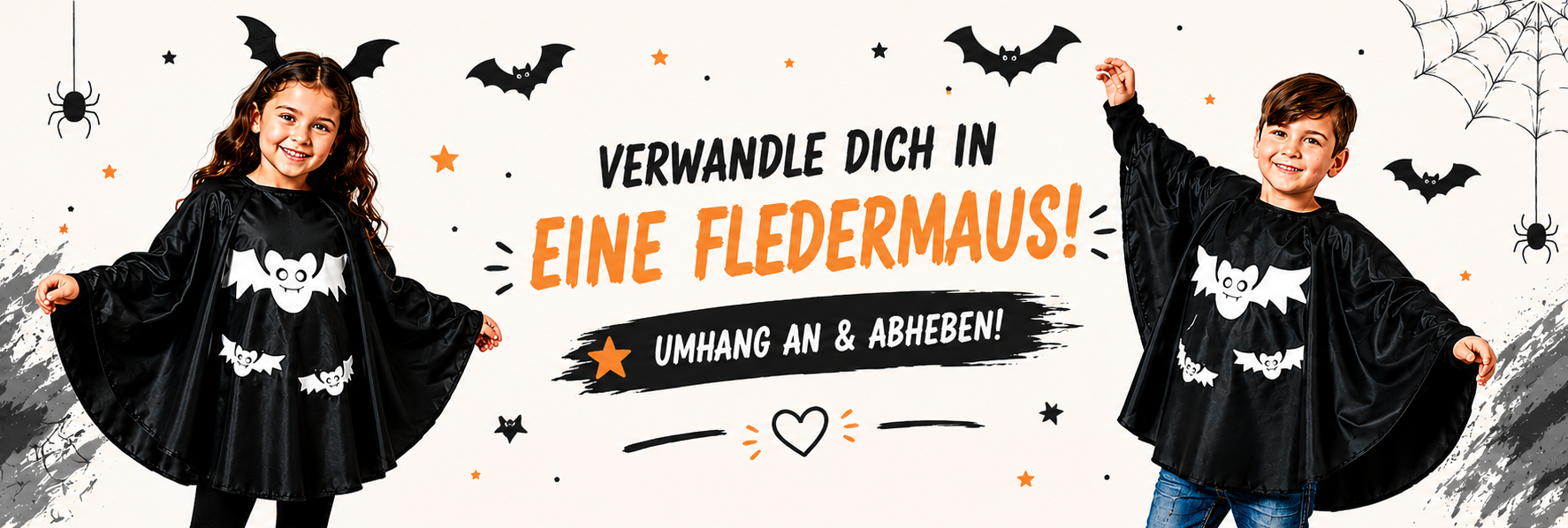 Junge und M&auml;dchen mit schwarzem Fledermaus-Cape f&uuml;r Kinder