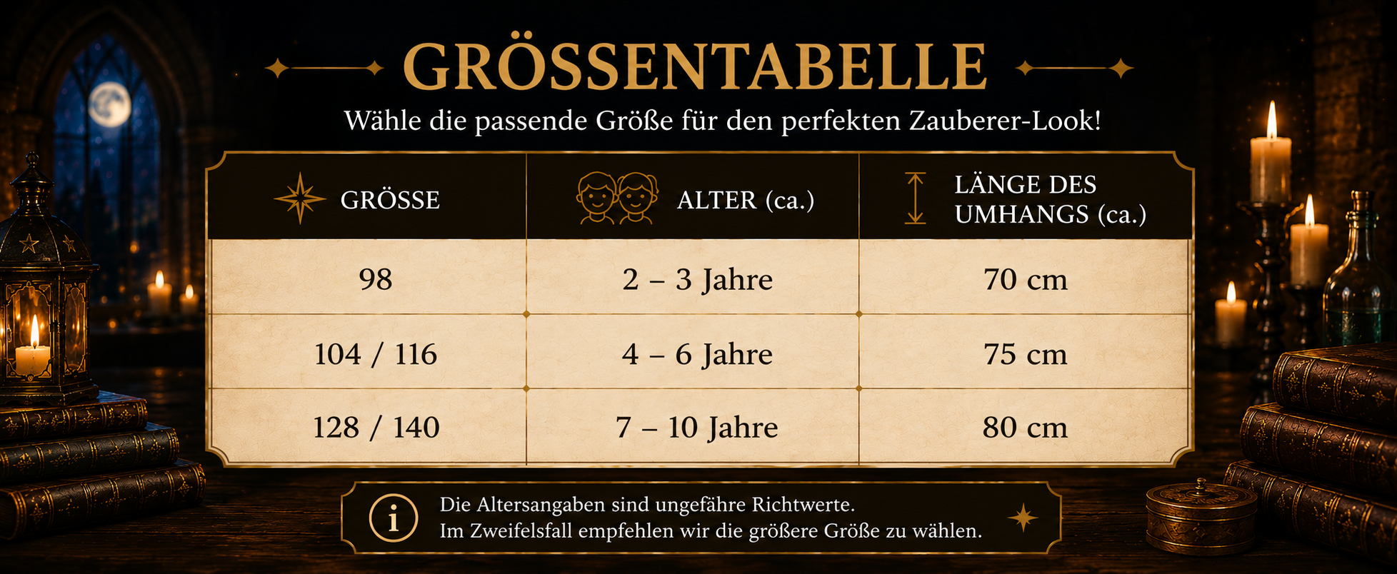 Gr&ouml;&szlig;entabelle mit Altersangaben und L&auml;nge des Zauberumhangs