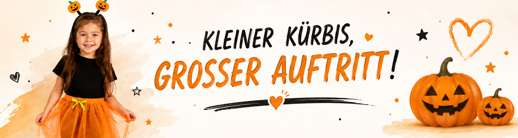 M&auml;dchen im K&uuml;rbis-Kost&uuml;m mit orangefarbenem T&uuml;llrock und K&uuml;rbis-Haarreif