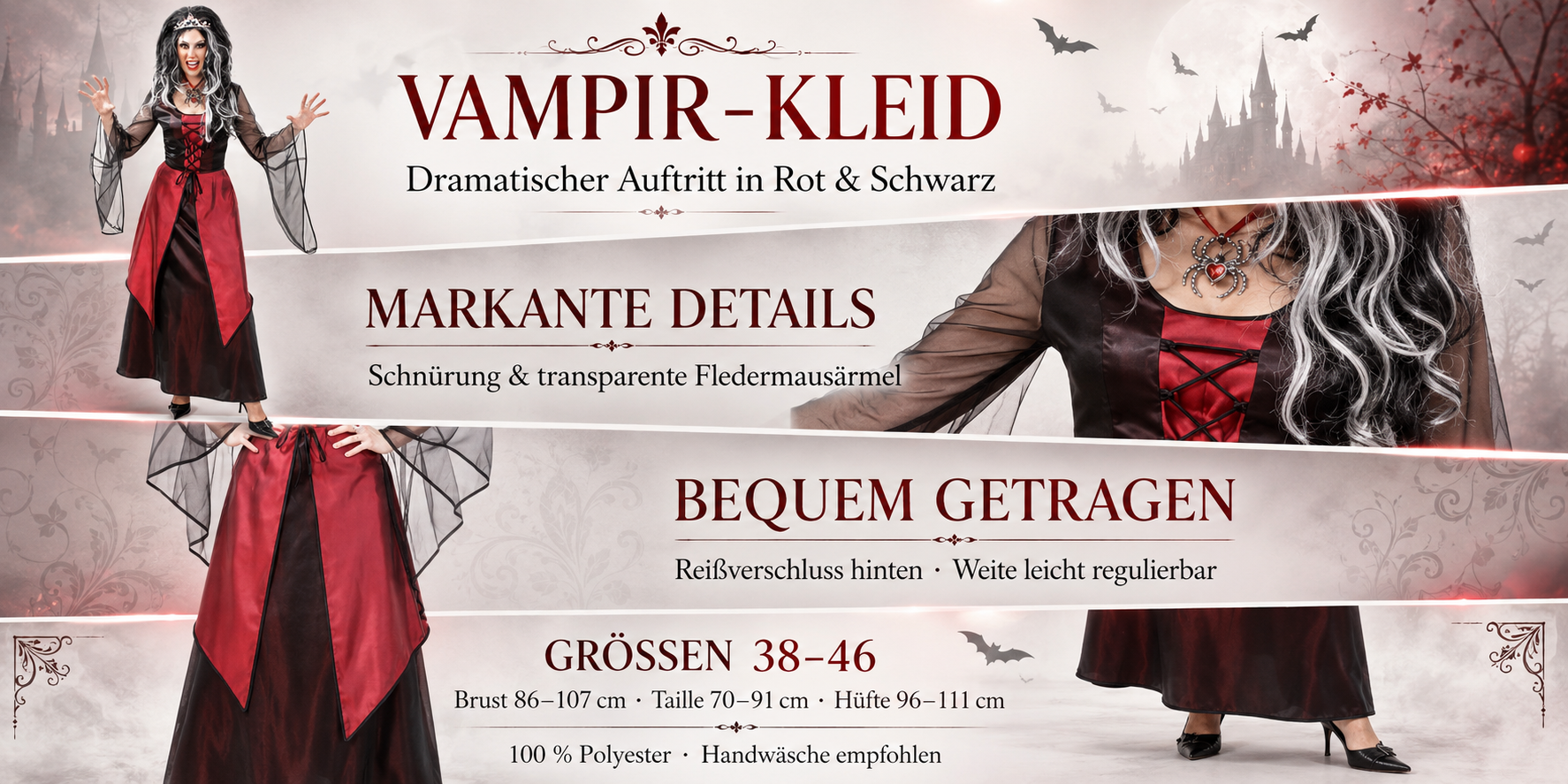 Damen-Vampirkostüm in Rot und Schwarz mit Schnürung und Fledermausärmeln
