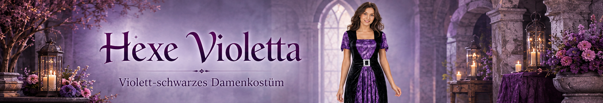 Frau im violett-schwarzen Hexenkleid Violetta vor heller magischer Kulisse