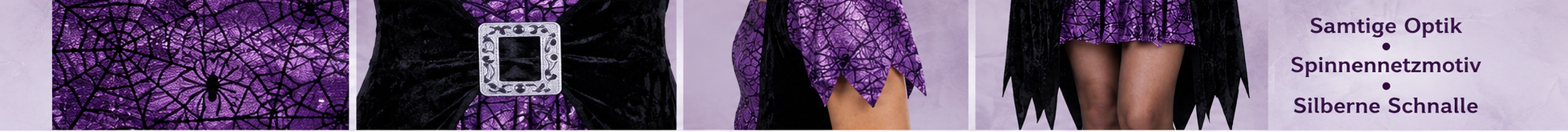 Violett-schwarzes Hexenkleid für Damen mit Spinnennetzmotiv und Fransensaum