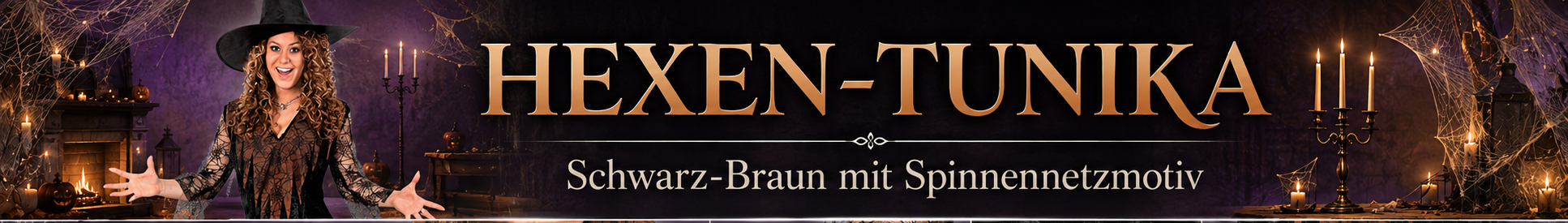 Frau in schwarz-brauner Hexentunika mit Spinnennetzmotiv und transparenten Ärmeln