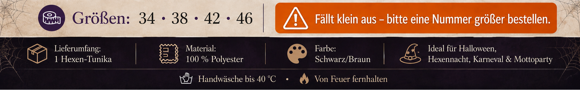 Produktbanner zur schwarz-braunen Hexentunika mit Größenhinweis zur Passform