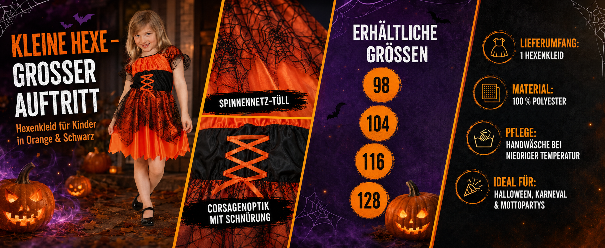 Orange-schwarzes Kinder-Hexenkostüm mit Spinnennetz-Tüll, Corsagenoptik und Größen 98 bis 128
