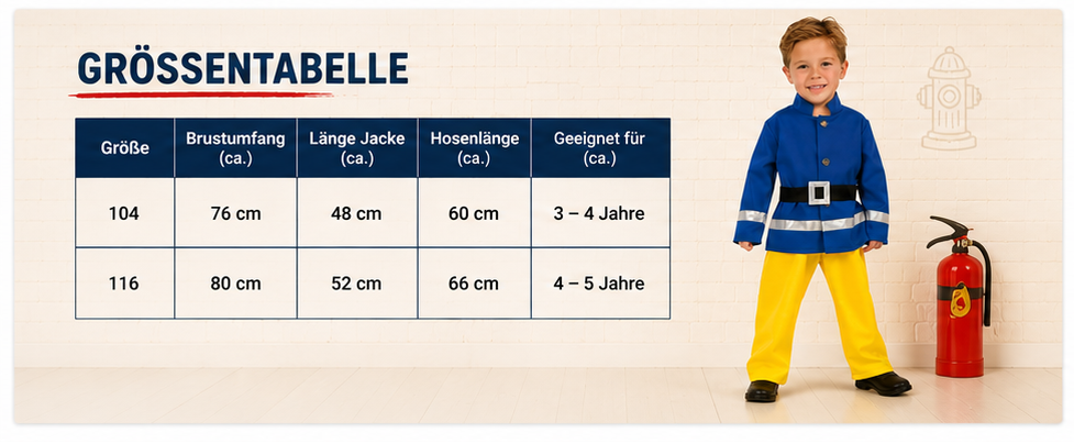 Größentabelle Feuerwehrmann Kinderkostüm