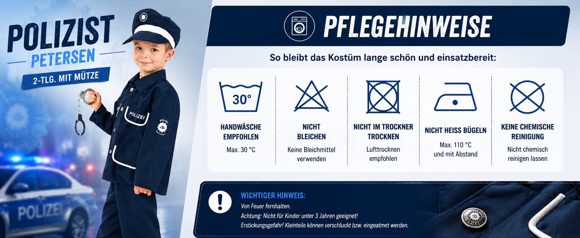 Pflegehinweise Kinderkostüm Polizist Petersen