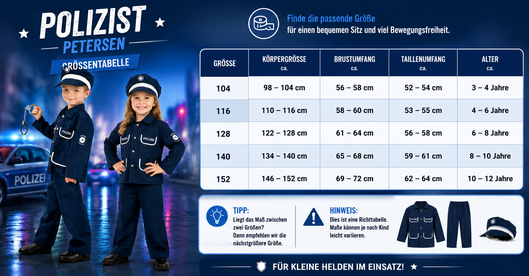 Größenübersicht Kinderkostüm Polizist Petersen