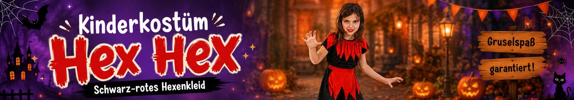Mädchen im schwarz-roten Kinder-Hexenkostüm Hex Hex in einer stimmungsvollen Halloween-Kulisse