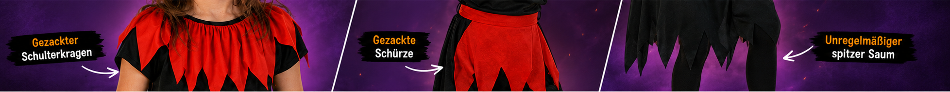 Schwarz-rotes Kinder-Hexenkleid mit gezackten Schulterdetails, roter Schürzenoptik und unregelmäßigem Saum