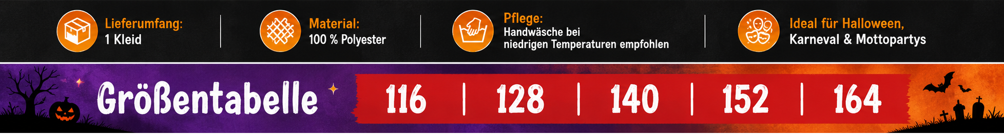 Kinderkostüm Hex Hex in Schwarz und Rot mit Produktdetails und Größen 116 bis 164