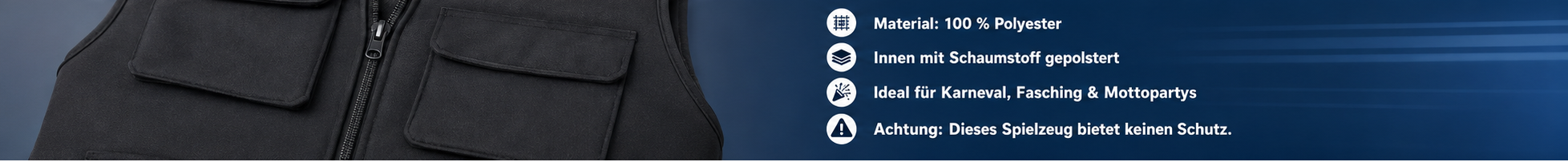Schwarze Kinder-SEK-Weste mit Produktinformationen und Größentabelle für 128 bis 164