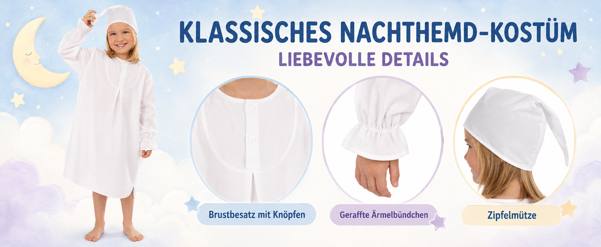 Kinder-Nachthemd-Kostüm mit weißem Nachthemd und Schlafmütze
