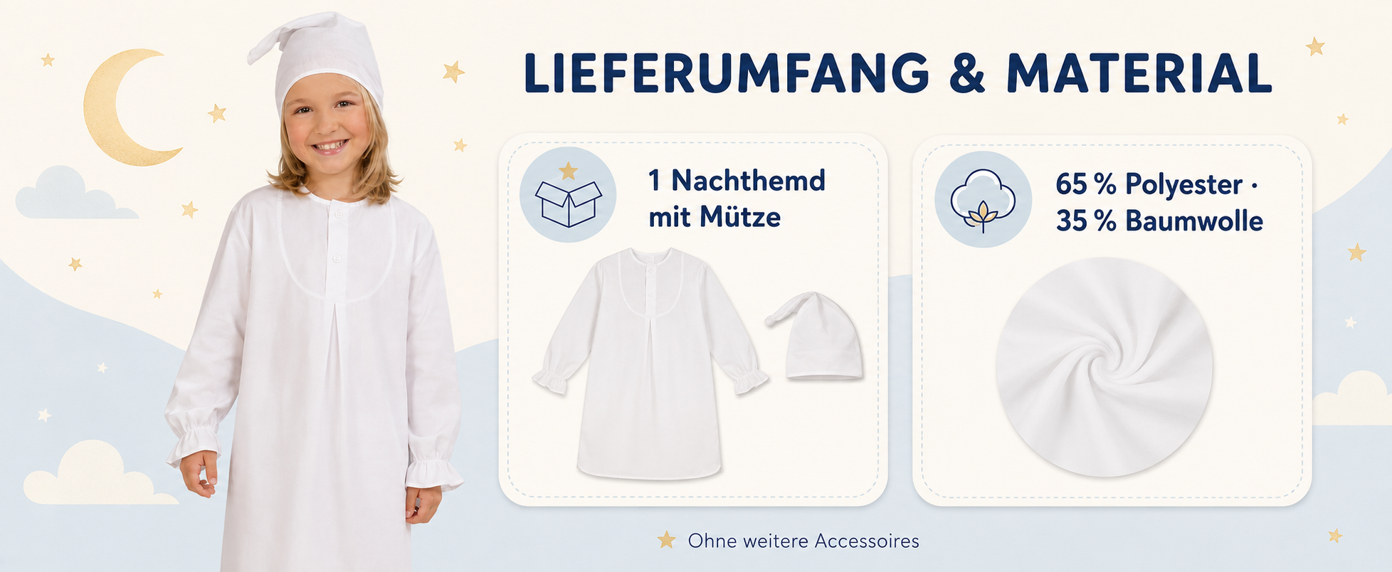 Lieferumfang und Material des weißen Kinder-Nachthemd-Kostüms