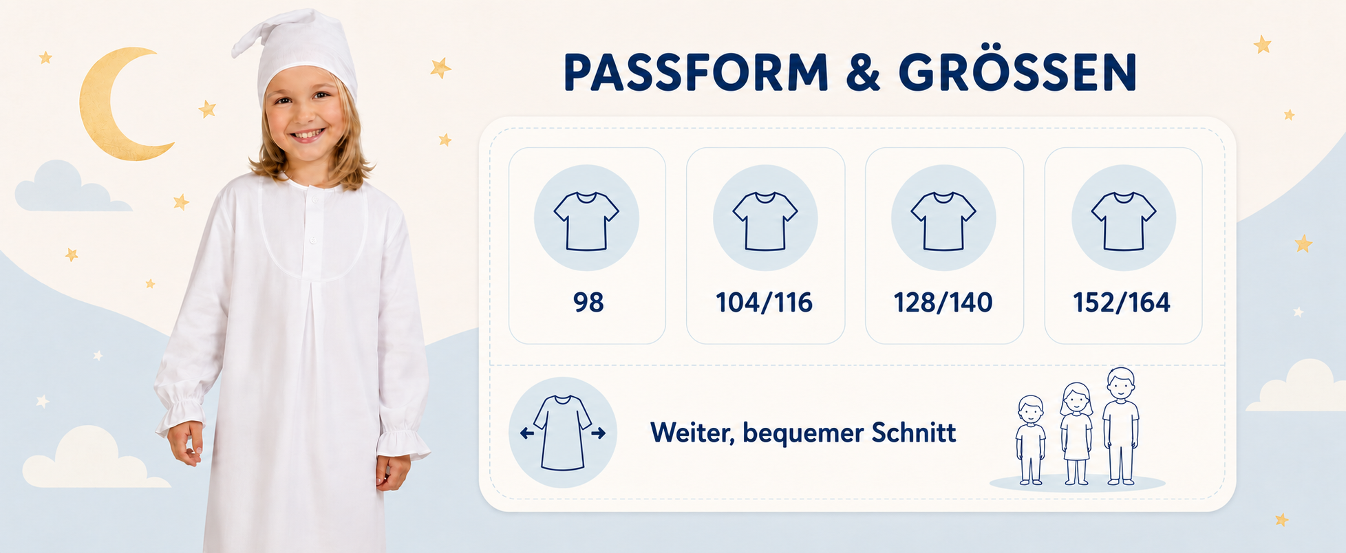 Größenübersicht für das Kinder-Nachthemd-Kostüm