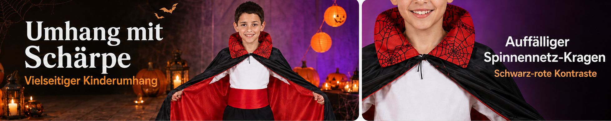 Kind mit schwarz-rotem Vampir-Umhang, Schärpe und Spinnennetz-Kragen in einer Halloween-Kulisse