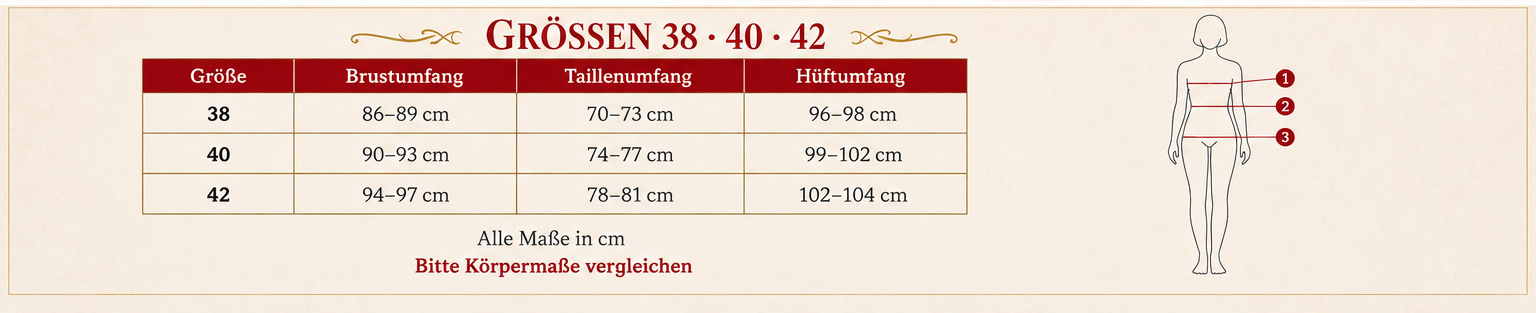 Größenübersicht zum Damenkostüm Teufelchen in 38 bis 42