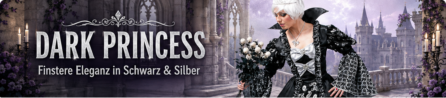Damenkostüm Dark Princess in Schwarz und Silber vor einer hellen Gothic-Kulisse
