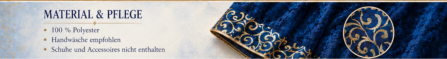 Material und Pflegehinweise für das blau-goldene Damenkostüm Mysterie