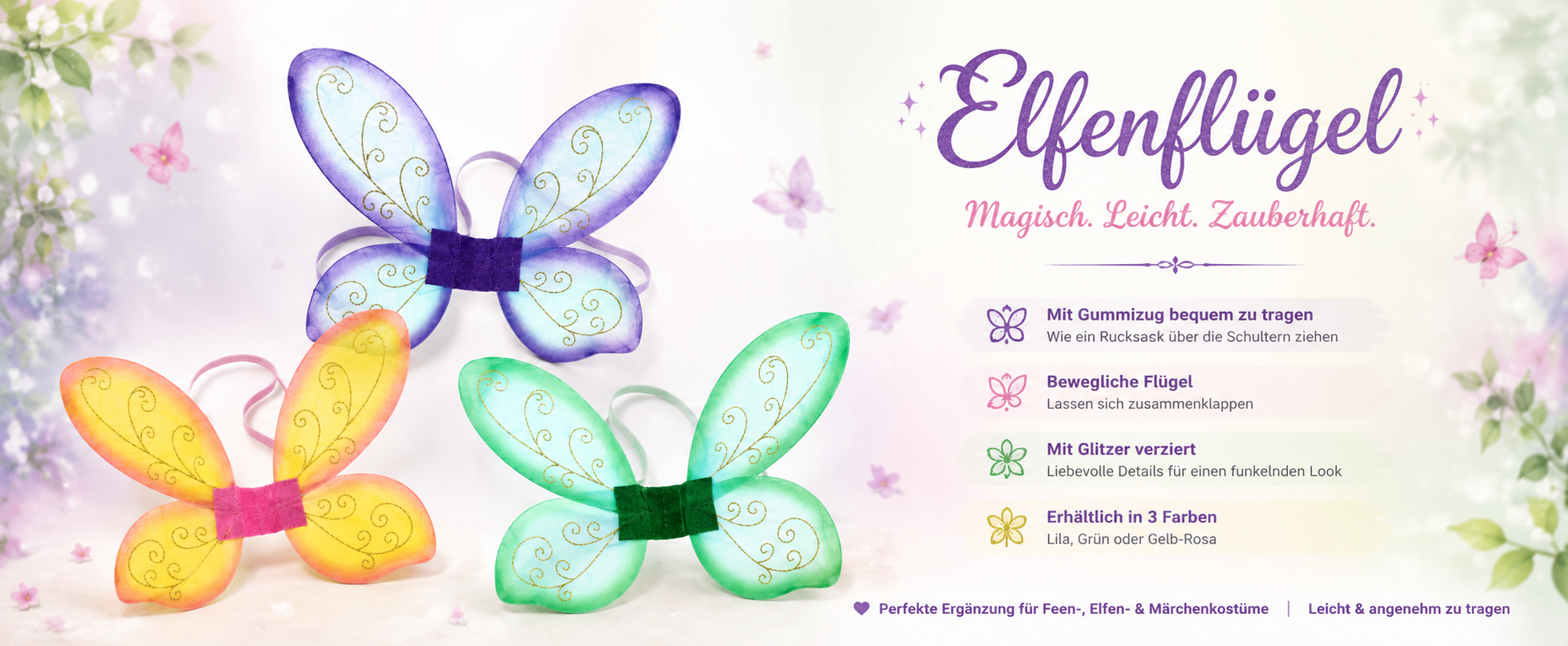 Elfenflügel mit Glitzermuster in drei verschiedenen Farben