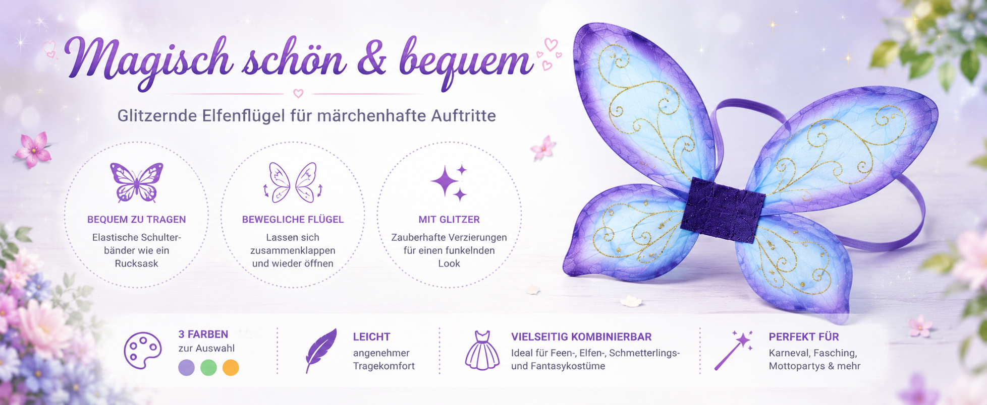 Lila Elfenflügel mit elastischen Schulterbändern und Glitzerverzierung