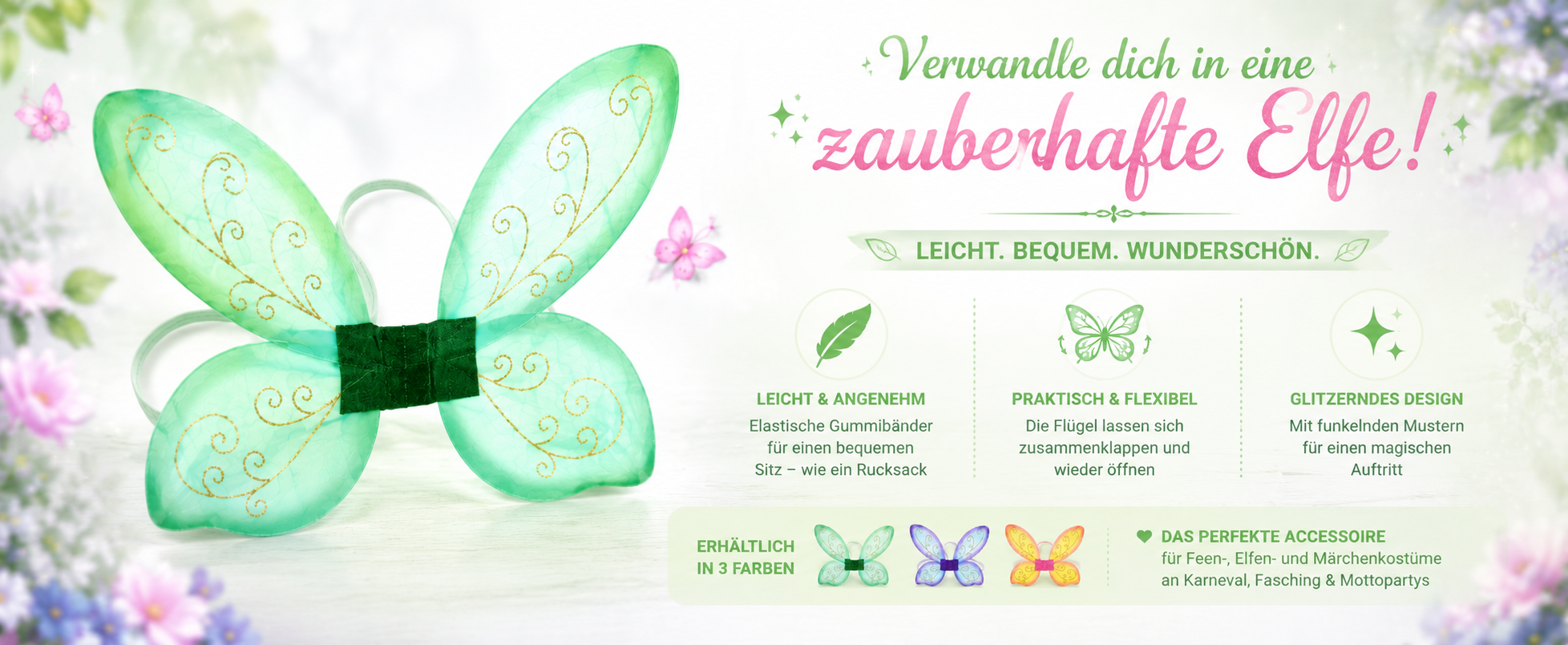 Grüne Elfenflügel mit goldenem Glitzermuster für Feen- und Märchenkostüme