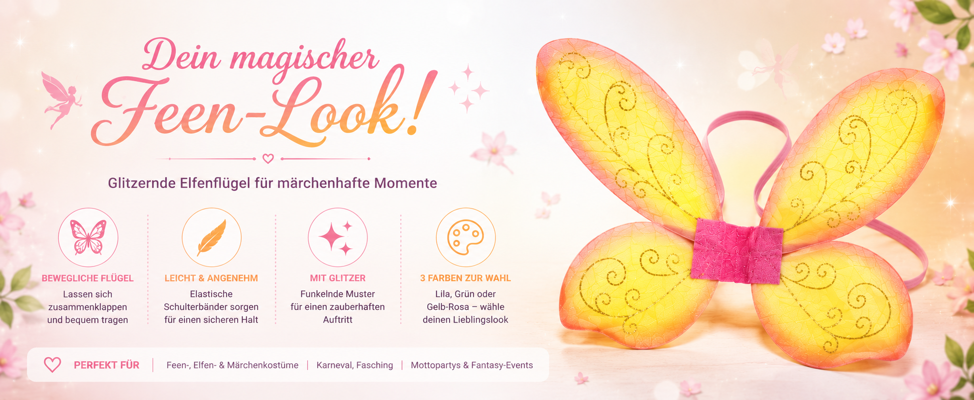 Gelb-rosafarbene Elfenflügel mit Glitzer für Karneval und Mottopartys