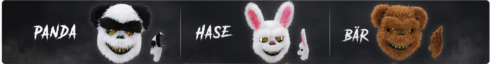 Horrormasken in den Varianten Panda, Hase und Bär zur Auswahl