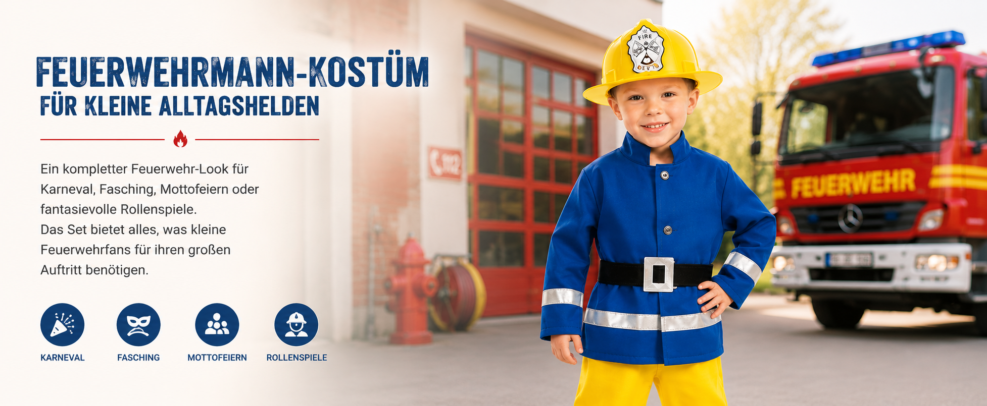 Kinder Feuerwehrmann Kostüm mit blauem Oberteil, gelber Hose, Gürtel und Helm