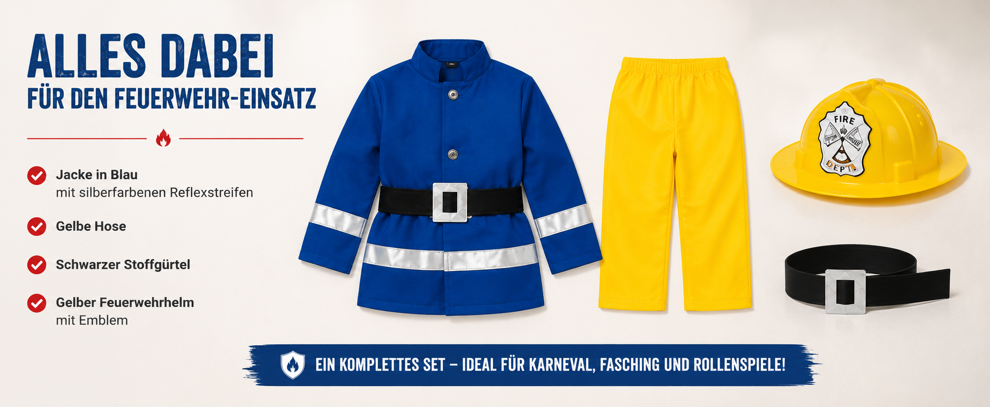 Lieferumfang des Feuerwehrmann Kostüm-Sets mit Jacke, Hose, Stoffgürtel und Feuerwehrhelm