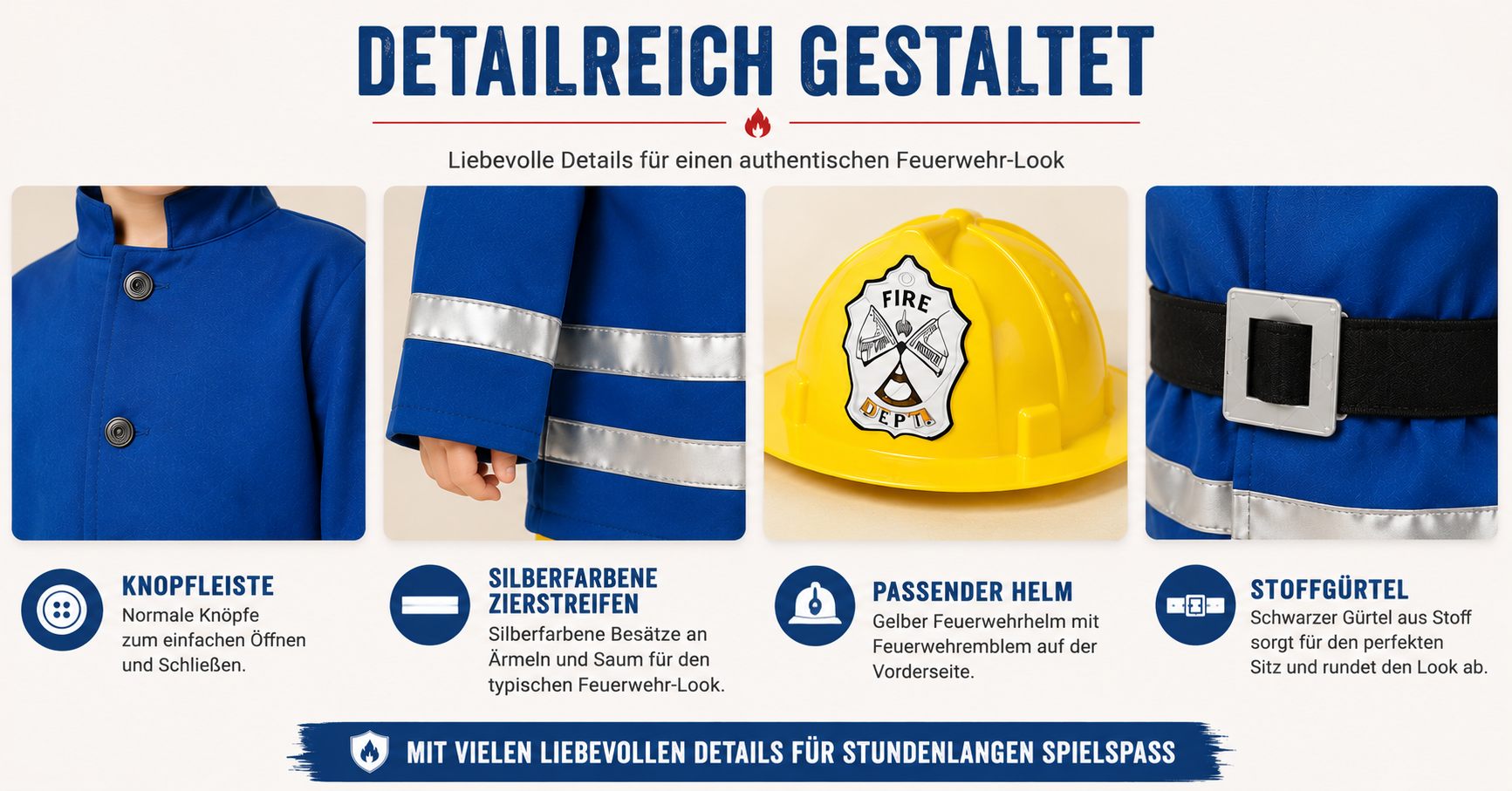 Details des Feuerwehr Kinderkostüms mit Knöpfen, silberfarbenen Zierstreifen, Gürtel und Helm