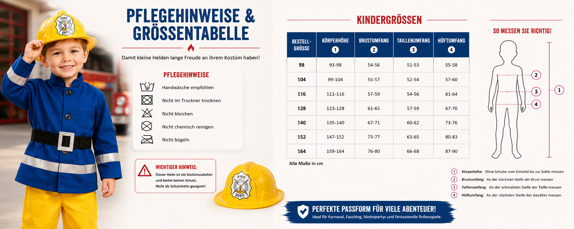 Pflegehinweise und Größentabelle für das Feuerwehrmann Kostüm für Kinder