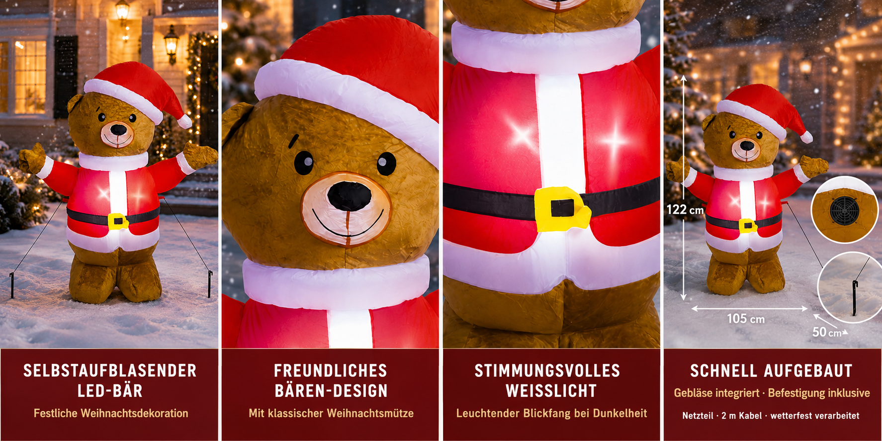 Selbstaufblasender LED-Weihnachtsbär mit Weihnachtsmütze, Weißlicht und einer Höhe von ca. 122 cm