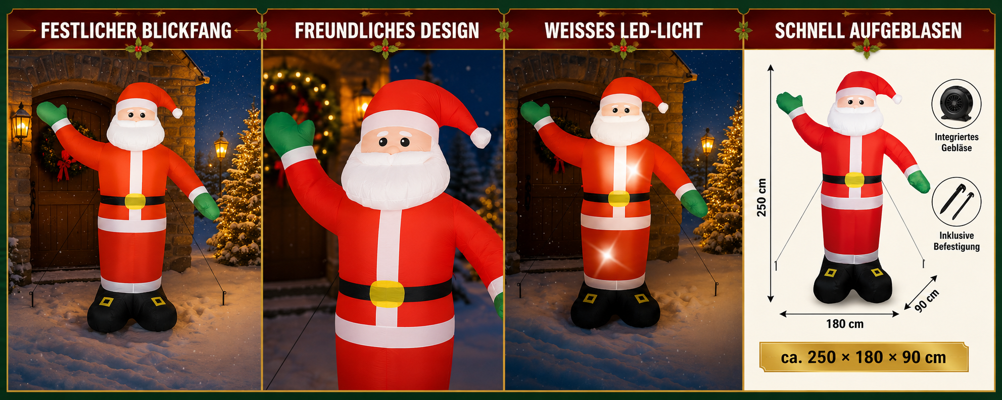 Großer selbstaufblasender LED-Nikolaus mit weißer Beleuchtung und den Maßen ca. 250 × 180 × 90 cm