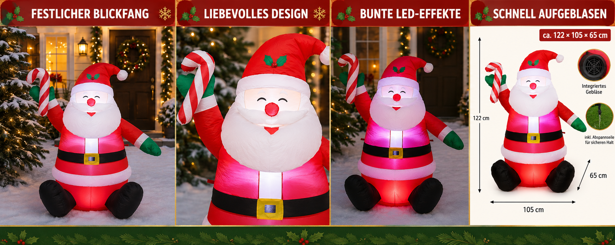 Sitzender selbstaufblasender LED-Nikolaus mit Zuckerstange, bunten Lichteffekten und den Maßen ca. 122 × 105 × 65 cm