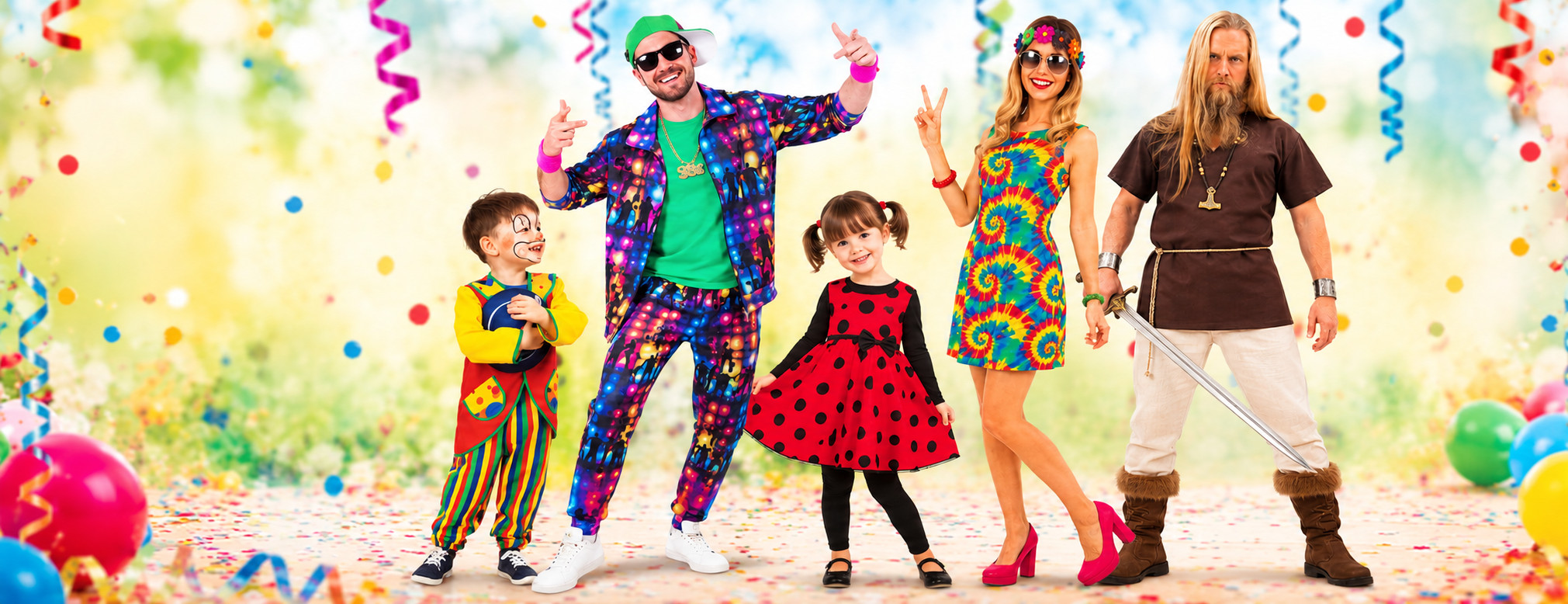 Bunte Kostueme fuer Kinder und Erwachsene: Clown, Marienkaefer, Hippie, Retro und Mittelalter