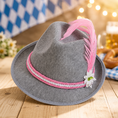 Grauer Bayernhut mit rosa Kordel, Feder und Edelweiß
