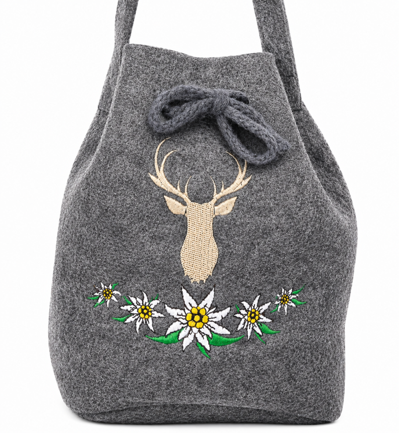 Dunkelgraue Trachten-Umhängetasche mit Hirsch und Edelweiß