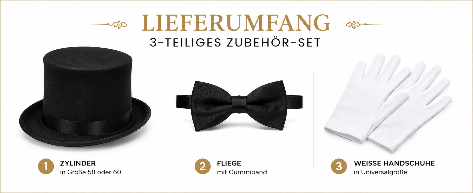 Lieferumfang des dreiteiligen Zubehör-Sets mit Zylinder, Fliege und weißen Handschuhen