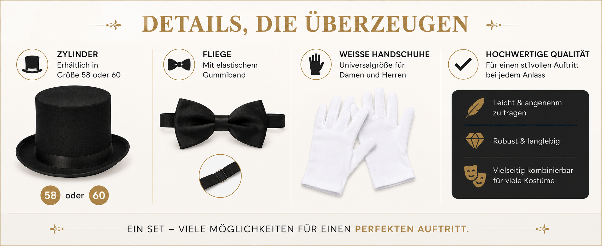 Details zum Zylinder in Größe 58 oder 60, zur Fliege und zu den weißen Handschuhen