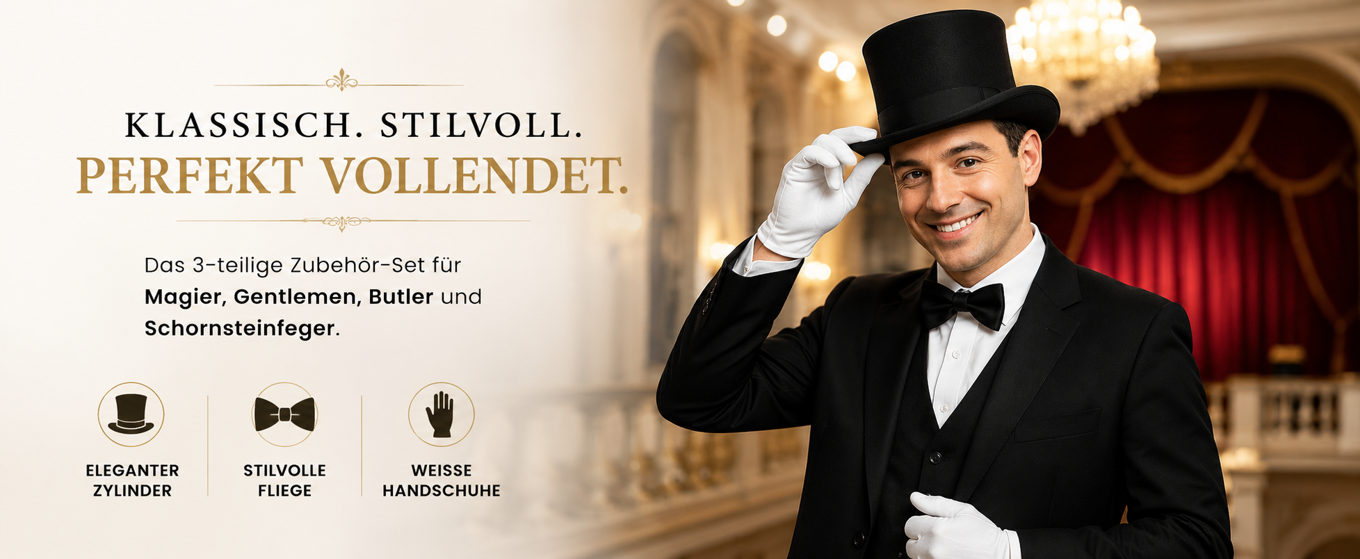 Magier Zubehör-Set mit schwarzem Zylinder, Fliege und weißen Handschuhen