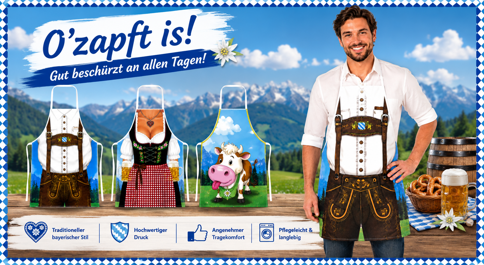 Vier originelle Bayern Schürzen mit verschiedenen Motiven