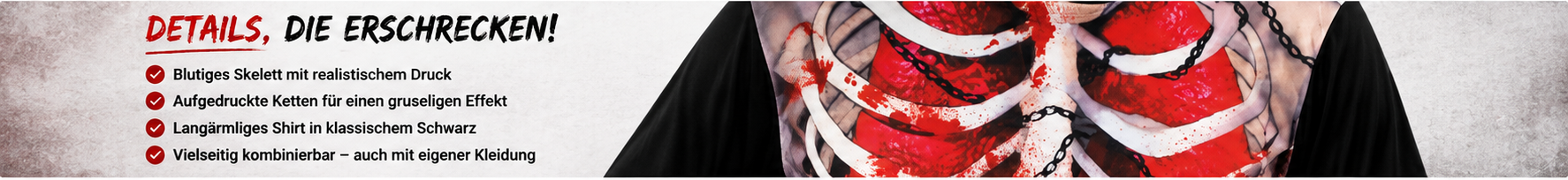 Details des Zombie Longsleeves mit Skelett Knochen und Ketten