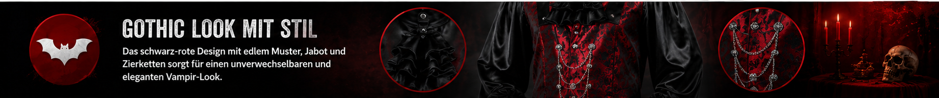 Schwarz-rotes Vampirhemd Damian mit Jabot und Zierketten