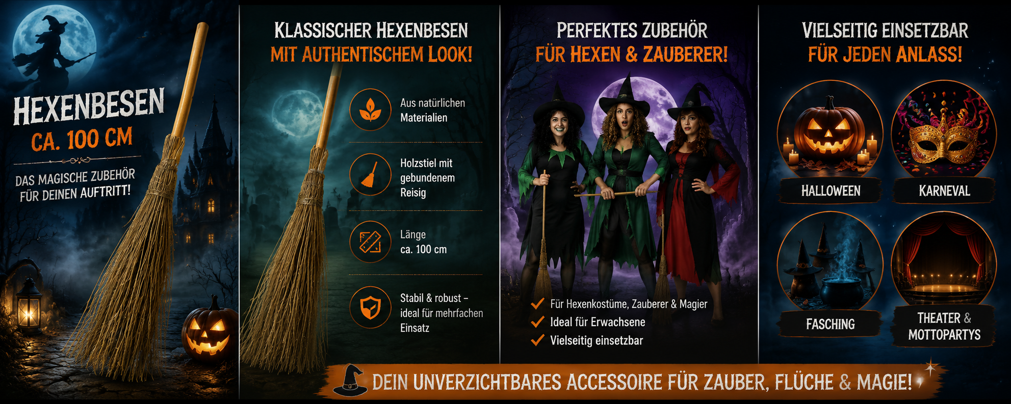 Hexenbesen ca. 100 cm mit Holzstiel und gebundenem Reisig
