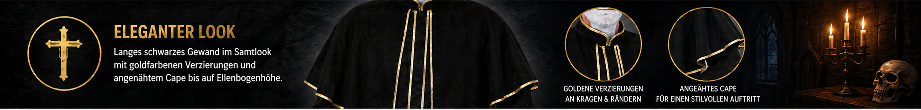Schwarzes Priestergewand im Samtlook mit goldfarbenen Verzierungen