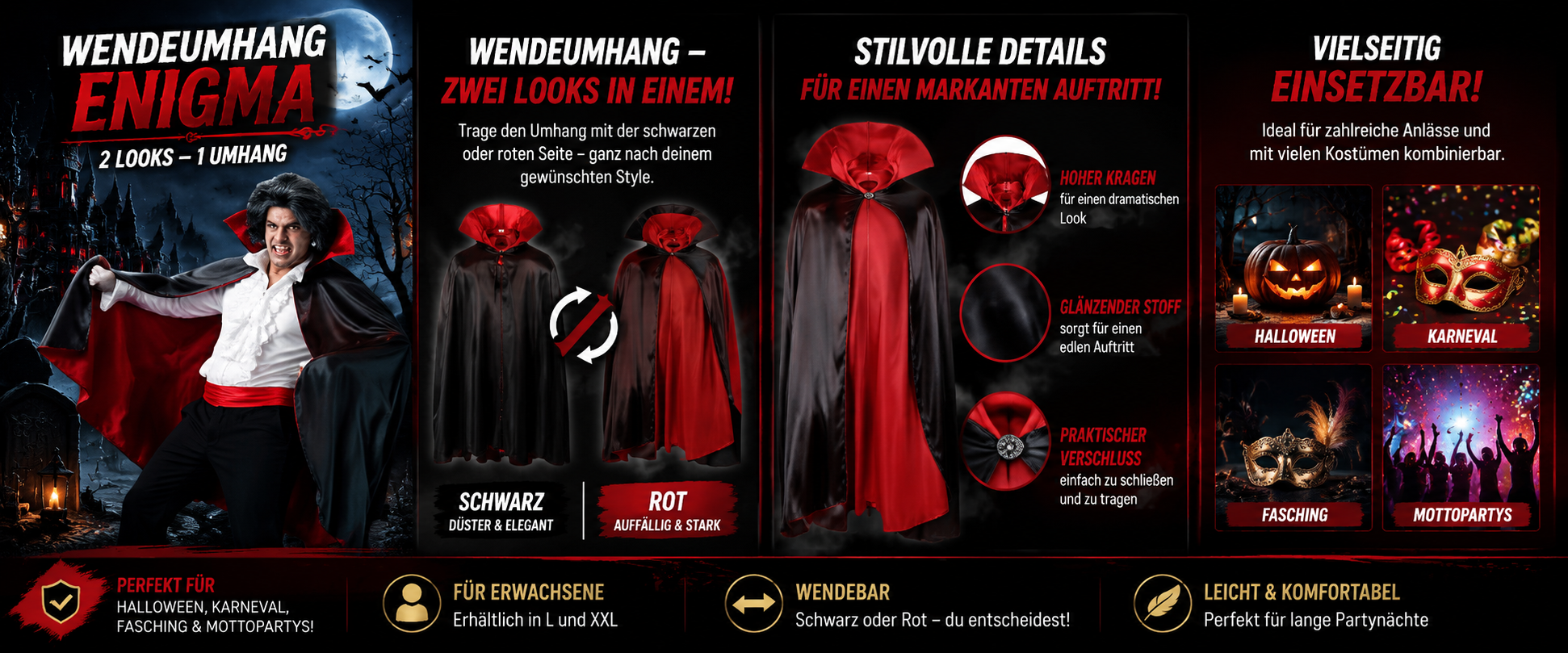 Wendeumhang Enigma in Schwarz und Rot für Halloween und Karneval